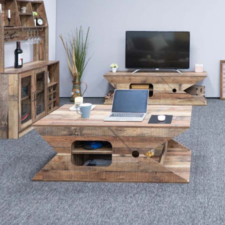 Mesa de café con forma de abrazadera de madera de granero recuperada - Mesa de café en forma de abrazadera de madera de chapa de madera recuperada
